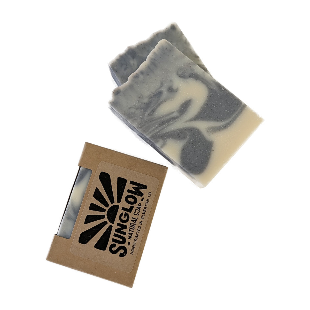 Big Blue Sky soap bars from above with their kraft box