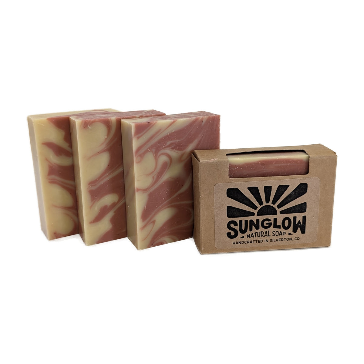 Alpenglow soap bars standing beside their kraft box